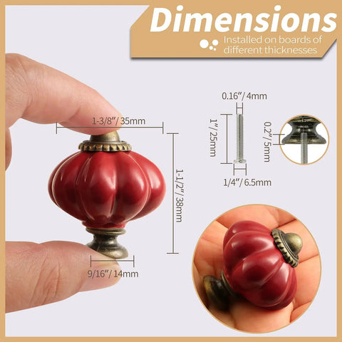 Dimensions of Six Pack Dark Red Ceramic Pumpkin Cabinet Knobs With Mounting Hardware showing size, style, and details.
