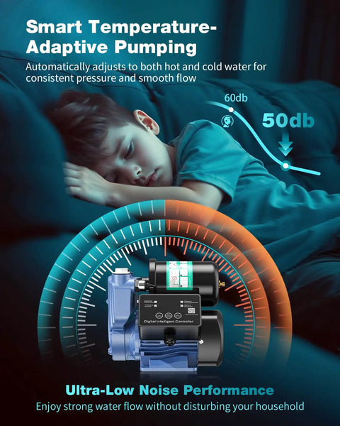 Sleeping child next to 1.5HP water pressure booster pump with digital pressure display, emphasizing ultra-low noise performance.