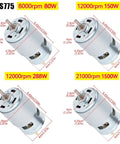Four RS775 motors with different RPMs and wattages, showcasing 8000rpm, 12000rpm 288W, 15000rpm, and 21000rpm models.