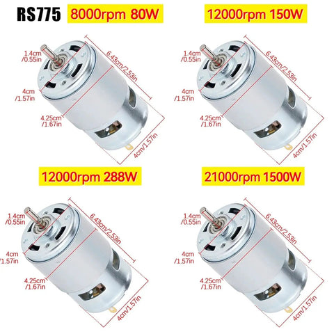 Four RS775 motors with different RPMs and wattages, showcasing 8000rpm, 12000rpm 288W, 15000rpm, and 21000rpm models.