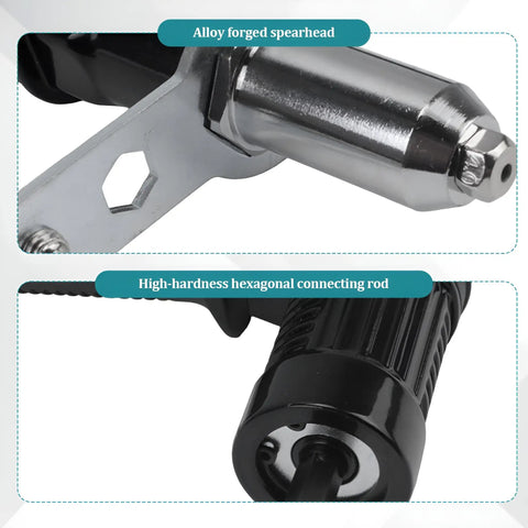Heavy Duty Pop Rivet Gun Adapter Kit For Cordless Electric Drills With Beefy Aluminum Build And Four Quick Swap Sizes close-up of alloy forged spearhead and hexagonal connecting rod.