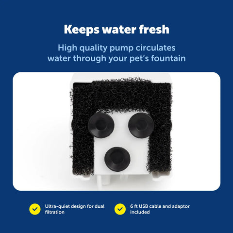 Top view of Viva Pet Fountain Replacement Pump Ultra Quiet Hydration Booster with filtration and 6 ft USB cable