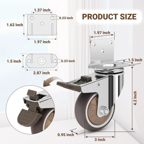 Side Mount 3 Inch Caster Wheels Set Of 4 With Locking Brakes, dimensions and features displayed, including silent rubber caster for furniture.