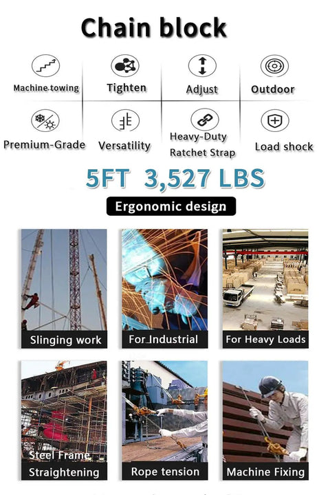 Collage showing uses of Heavy Duty Manual Lever Chain Hoist With 1.6 Ton Capacity Comes With Storage Bag for construction.