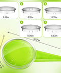 Diagram showing Mini Seed Spreader Handheld Seed Planter Tool 20 Pcs Kit With 5 Dial Settings For Small Seeds in Light Green, various settings displayed.