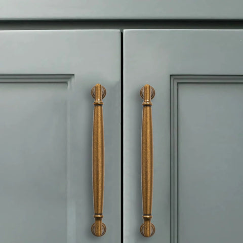 2 Pack 3-3/4 Inch Center Hole Antique Brass Cabinet Pulls Solid Zinc Alloy Handles for cabinets installed on gray doors