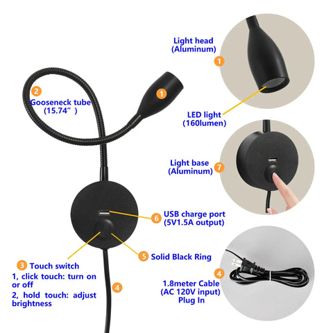 Dimmable LED Wall Reading Light With USB Charging Port For Late Night Reading And Work Gooseneck Bedside Lamp With Flexible Arm 3W Nickel Finish 120V Plug In Warm White Glow showing aluminum light head and USB port.