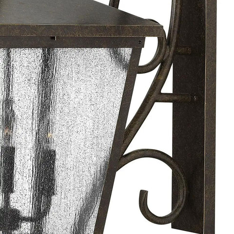 Extra Large Four Light Outdoor Wall Lantern With Built Tough Traditional Scroll Frame And Rust Proof Aged Zinc Finish close-up showing textured glass and frame.