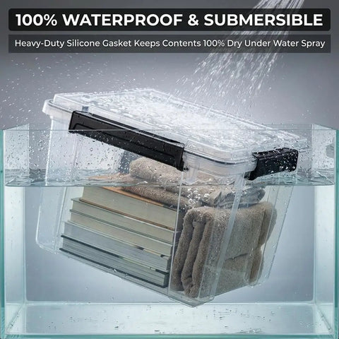 Kickass Heavy Duty 19 Quart Storage Bin With Airtight Gasket Lid Clear Stackable Plastic Crate submerged in water with books and towels inside.