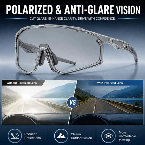 Kick Everyday Glare To The Curb With These Ultra Light Photochromic Polarized Safety Glasses featuring clear lenses for reduced reflections.