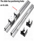 Heavy Duty SBR25 Linear Rail Set Featuring Rock Solid Aluminum Base And Hard Chrome Plated Shafts For CNC Router Upgrades showcasing slider with positioning holes.