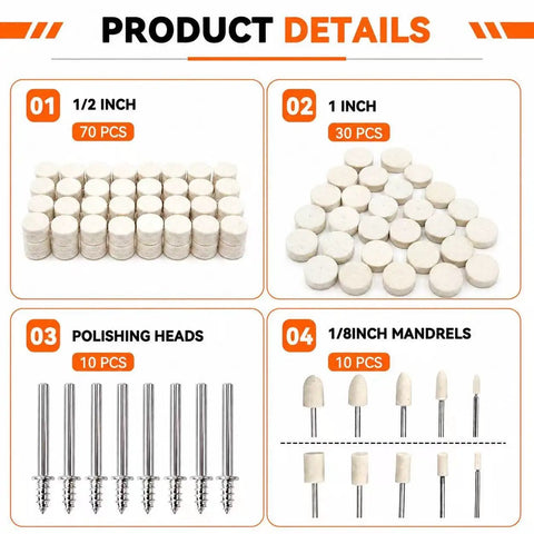 120 Pcs Buffing Wheels Polishing Kit Rotary Tool Accessories 1 8 Inch Shank includes 70 sanding discs and 10 mandrels.