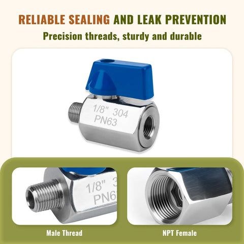Four Pack 1/2 NPT Mini Ball Valves In 304 Stainless Steel, Durable Shutoff Valves With Female To Male Threads, compact, corrosion resistant
