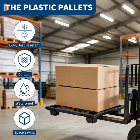 Forklift moving boxes on 4 Pack Plastic Pallet With Perforated Ventilated Grid, Modular Stackable Tray in warehouse setting.