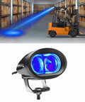Blue LED Forklift Spotlight With Floor Marker Beam for industrial warehouses, docks, and narrow aisles, projects bright blue safety signal.