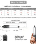 Dimensions chart for 12V Mini Linear Actuator Featuring A 2 Inch Stroke And 64 Newton Thrust, showing stroke lengths and measurements.
