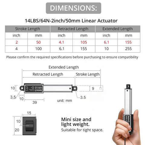 Dimensions chart for 12V Mini Linear Actuator Featuring A 2 Inch Stroke And 64 Newton Thrust, showing stroke lengths and measurements.