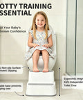 Rock Solid Toddler Step Stool For Bathroom Sink With Super Grippy Non Slip Base And Double Layer Platform Giving Little Ones Safe Counter Height Access In Classic Gray, with a child using it by a toilet.