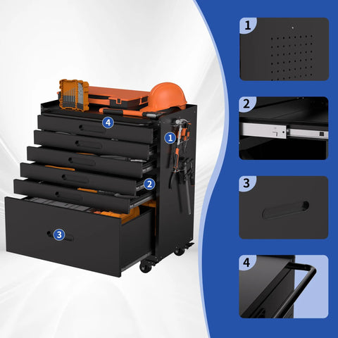 Epic 30 Inch Tool Storage Cabinet with Lockable Rolling Casters and Full Extension Slides for Badass Garage Setup Dope Workshop Gear Chest Heavy Duty Multi Drawer Tool Box Black showcasing six drawers and tools.