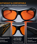 The Real Deal OD7 Plus Laser Safety Glasses With CE Certified Nano PC Lenses, showing wraparound fit and comfortable nose bridge.