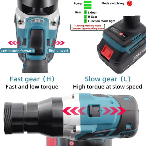 Close-up of Heavy Duty Cordless Electric Rivet Gun With 5200mAh Dual Batteries, showcasing fast and slow gear functions.