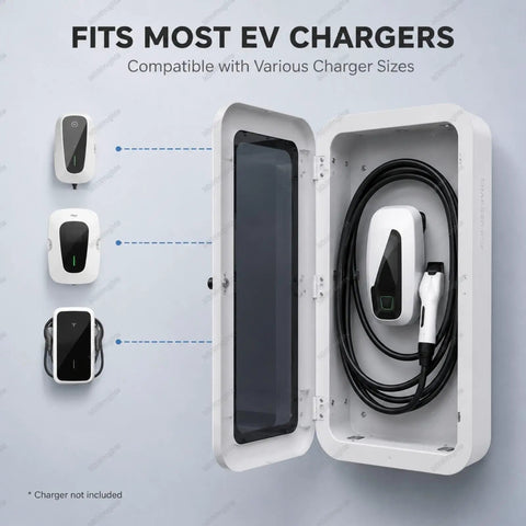 Hella Heavy Duty EV Charger Enclosure Lock Box with Combination Lock for Tesla Wall Mount, showcasing compatibility with various EV chargers.