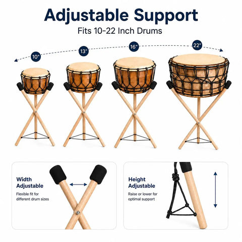 Adjustable Solid Wood Handpan Drum Stand With Carry Bag And Three Replacement Foam Pads For 10 To 22 Inch Steel Tongue Hang And Panda Drums shown in adjustable positions.