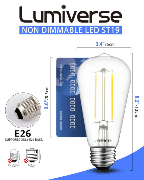 Vintage Edison LED Bulbs Six Pack With Old School Glow Five And A Half Watt Real 60W Equivalent 500 Lumens CRI 95 Plus Non Dimmable 4000K Cool White E26 Medium Base Clear Glass Filament Lamps Kitchen Bathroom Bedroom Lighting, next to a credit card for size comparison, featuring an E26 base.