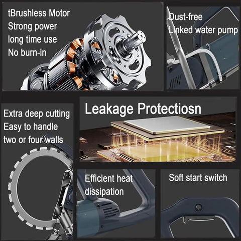 Heavy Duty Electric Ring Saw Wall Cutting Machine With Built In Water Pump And Kickass Performance For Smooth Slotting Through Concrete Stone Brick And Wood Up To Twenty Seven Centimeters Deep features brushless motor and leakage protection.