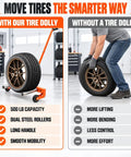 Rock Solid Heavy Duty Steel Tire Dolly With 500 Pound Load Capacity For Trucks And Cars, showcasing a dolly with a tire on the left.