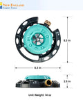 Adjustable Nine Pattern Spot Sprinkler With Heavy Duty Metal Base And Turret Design shown in front and side view with dimensions