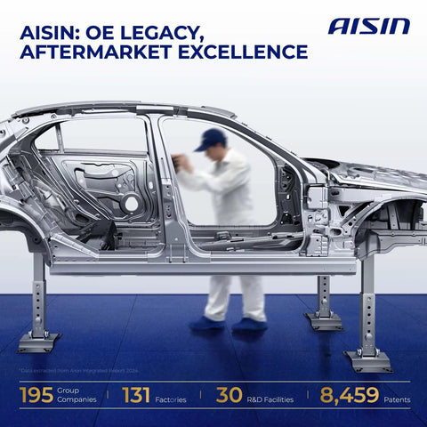 Aisin showcases OE legacy with a vehicle chassis, highlighting aftermarket excellence in automotive engineering.
