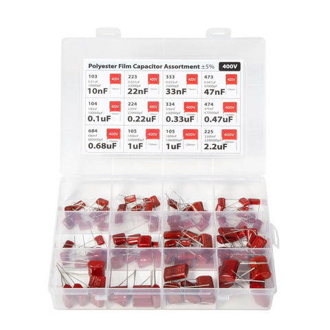 Premium Metalized Film Capacitor Assortment 415 Pieces Spanning 100 Volts 250 Volts 400 Volts Offers Top Tier Reliability For Your Favorite Weekend Warrior Build in clear storage box.