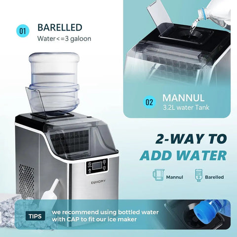 Countertop Ice Cube Maker Machine With 2 Ways To Add Water showing barreled and manual methods for home and office use