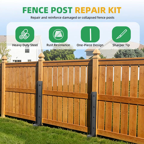 Heavy Duty Fence Post Repair Kit With Galvanized Steel Stabilizers and Rust Resistant Yard Boosters displayed next to a wooden fence.