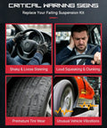 Critical warning signs of failing suspension kit: shaky steering, loud noises, tire wear, unusual vibrations.
