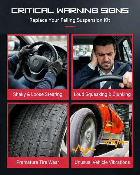 Critical warning signs of failing suspension kit: shaky steering, loud noises, tire wear, unusual vibrations.