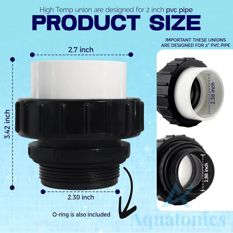 Product dimensions of Hi Temp 2 Inch PVC Union 2 Pack for pool pumps, showing 2.7 inch and 2.3 inch measurements with secure O-ring.
