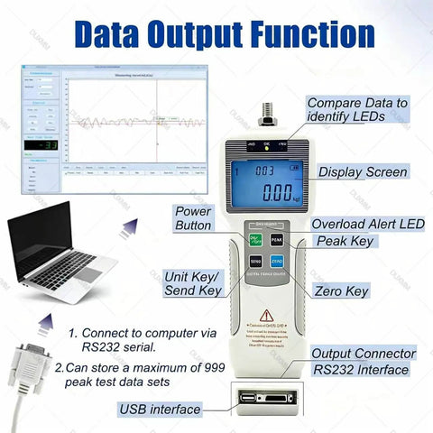 Straight Shooting Digital Force Gauge 10 To 2000N Push Pull Tensile Compression Tester with display and USB interface.