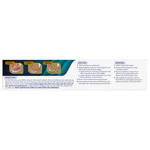 Instructional guide showing how to apply and remove Four Two Point Two Ounce Tubes All In One Zinc Free Denture Adhesive Cream Four Pack Delivers Twelve Hour Hold For Strong Bite Power And No Food Under Dentures After Eating.