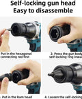Kick Ass Electric Rivet Nut Tool Featuring Automatic One Shot Operation And Built In LED Light showing disassembly steps of self-locking gun head.