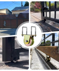 Smooth Operator 4 Inch Crowned V Groove Sliding Gate Rollers Double Bearing Wheels with U Bracket M12 Bolts installed on a metal gate.