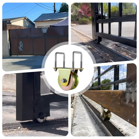 Smooth Operator 4 Inch Crowned V Groove Sliding Gate Rollers Double Bearing Wheels with U Bracket M12 Bolts installed on a metal gate.