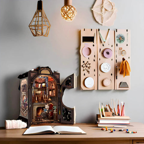Count Cat's Study Book Nook Kit DIY Miniature Dollhouse For Grownups, 3D Wooden Puzzles, 108 Pieces, bookshelf diorama scene