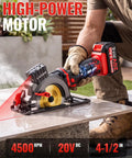 20V Cordless Mini Circular Saw Featuring Beast Mode 4500 RPM Kick and Four And One Half Inch Capacity Includes 20V 3.0Ah Battery while cutting tile.