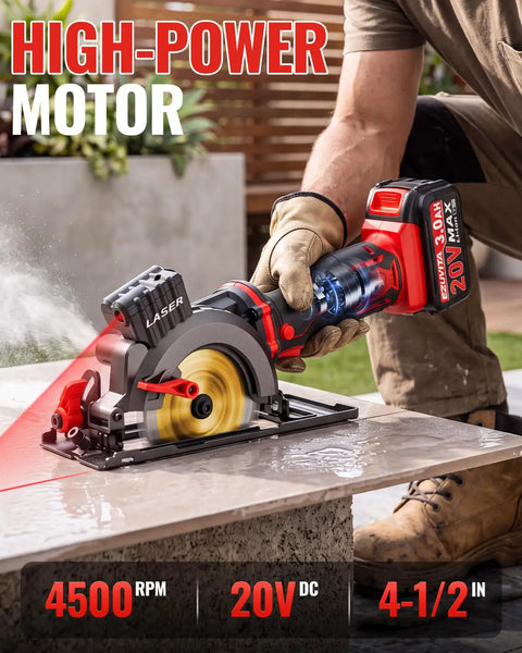 20V Cordless Mini Circular Saw Featuring Beast Mode 4500 RPM Kick and Four And One Half Inch Capacity Includes 20V 3.0Ah Battery while cutting tile.