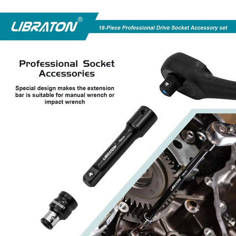 18 Piece Socket Extension And Ratchet Set With Impact Adapters And Swivel Sockets in automotive engine use