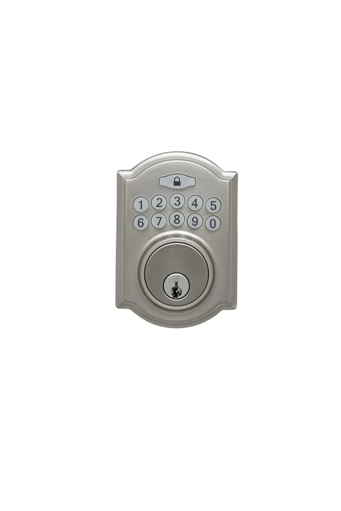Heritage Electronic Keypad Deadbolt In Satin Stainless Finish, Push Button Lock With Illuminated Keypad, Motor Driven Latch, Supports Up To 10 Passcodes