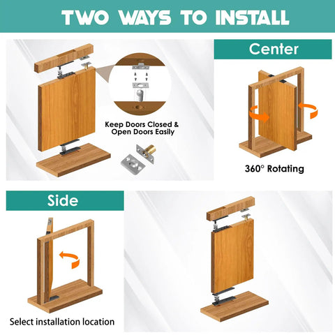Heavy Duty Hidden Pivot Hinges For Secret Doors Premium Stainless Steel Corrosion Resistant 360 Degree Rotation visible in installation guide.