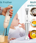 Immersion Hand Blender 3-in-1, 8-Speed Stick Blender with Milk Frother and Egg Whisk, handheld blending milk next to child